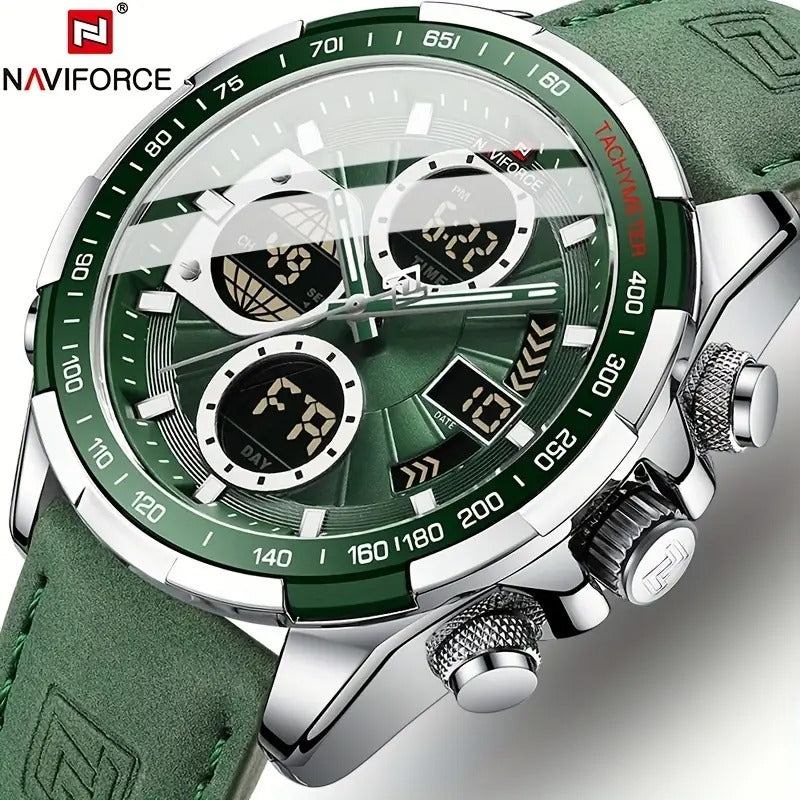 NAVIFORCE Men'S Wrist Watch, Dual Display, Night Light, Calfskin Strap, Zinc Alloy Case, Quartz Movement, Non-rechargeable Button Battery