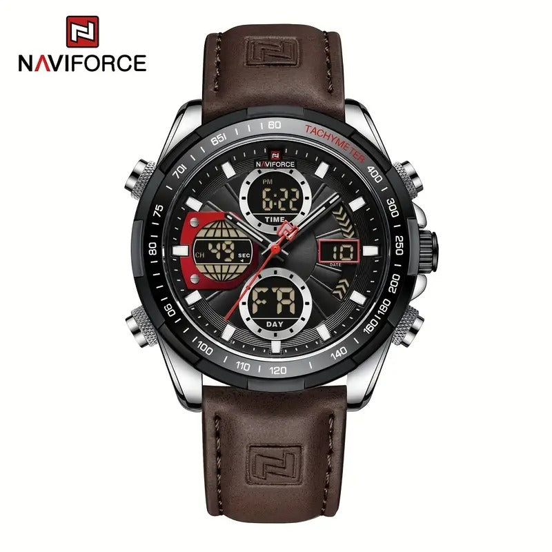 NAVIFORCE Men'S Wrist Watch, Dual Display, Night Light, Calfskin Strap, Zinc Alloy Case, Quartz Movement, Non-rechargeable Button Battery