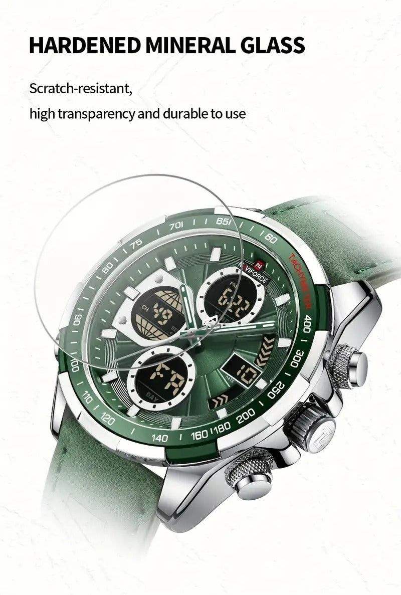 NAVIFORCE Men'S Wrist Watch, Dual Display, Night Light, Calfskin Strap, Zinc Alloy Case, Quartz Movement, Non-rechargeable Button Battery