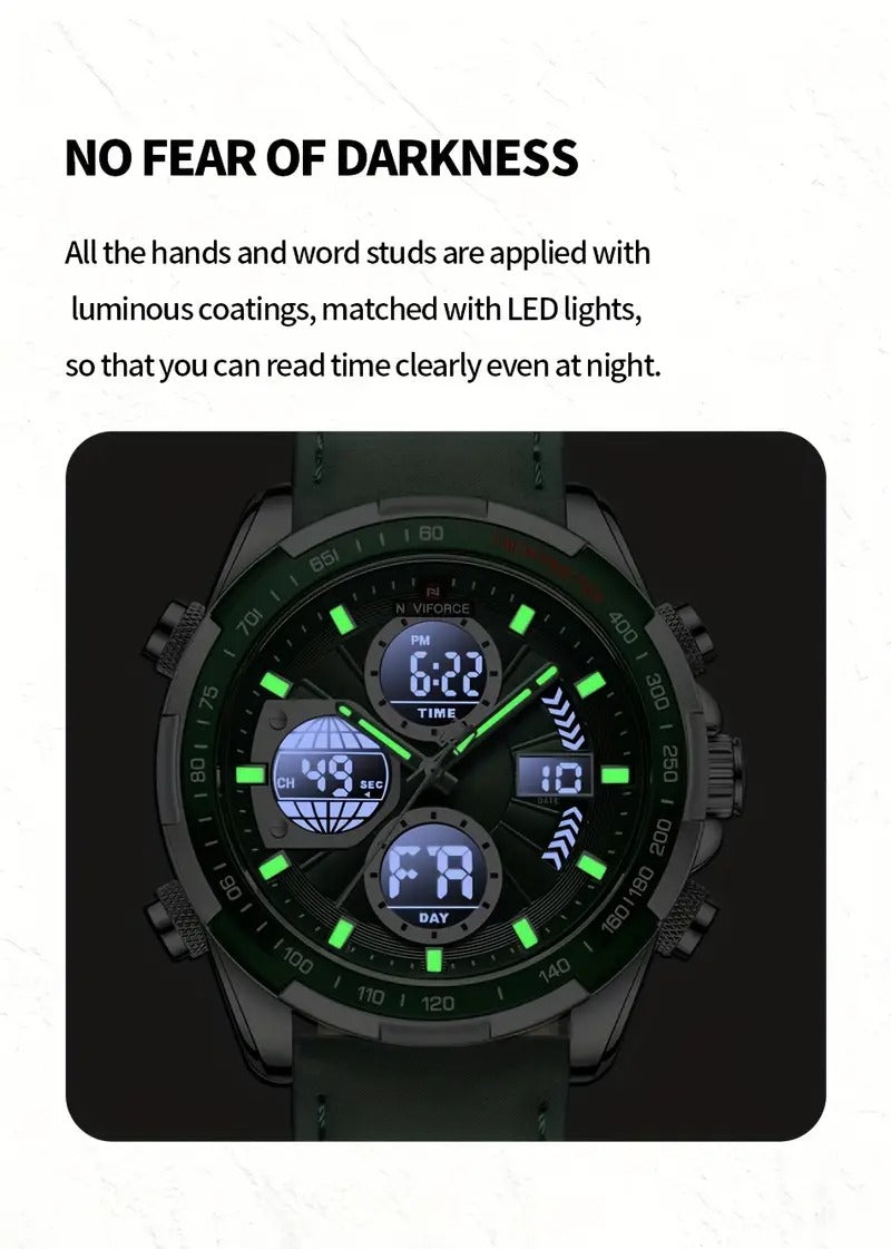NAVIFORCE Men'S Wrist Watch, Dual Display, Night Light, Calfskin Strap, Zinc Alloy Case, Quartz Movement, Non-rechargeable Button Battery