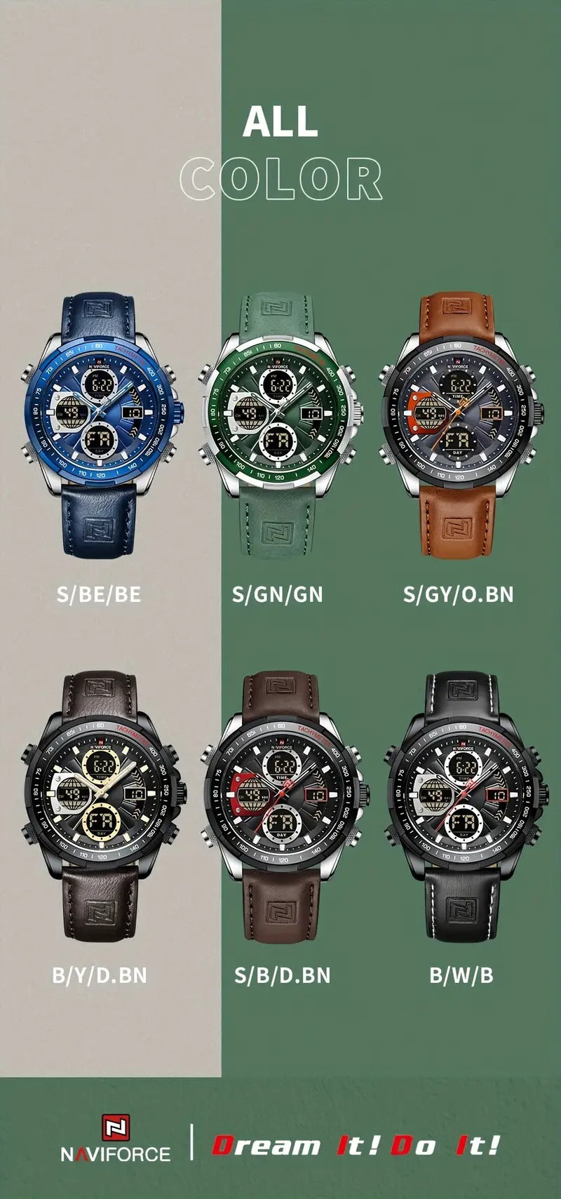 NAVIFORCE Men'S Wrist Watch, Dual Display, Night Light, Calfskin Strap, Zinc Alloy Case, Quartz Movement, Non-rechargeable Button Battery