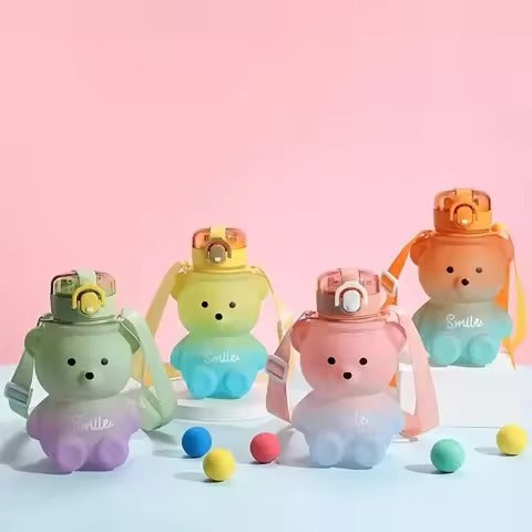 Kawaii Bear Water Straw Bottle 700ml Cute Kids Portable Leakproof Drinking Cups with Strap for Girl School Outdoor Traveling