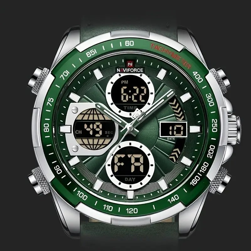 NAVIFORCE Men'S Wrist Watch, Dual Display, Night Light, Calfskin Strap, Zinc Alloy Case, Quartz Movement, Non-rechargeable Button Battery