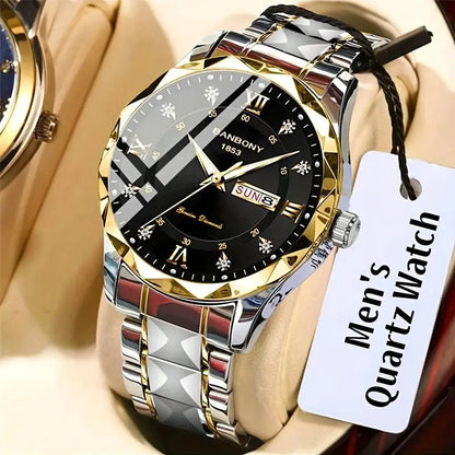 1pc Stainless Steel Strap Men's Roman Numerals Dial Rhinestones Multifunctional Watch