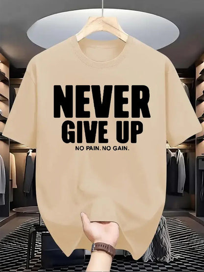Men's Motivational "NEVER GIVE UP" Graphic Print Short Sleeve T-Shirt - Dark Green, Regular Fit, Round Neck, Summer Casual