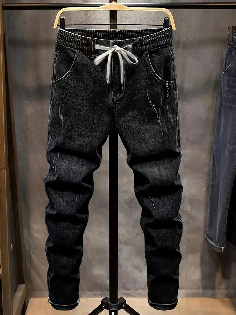 lastic Waist Drawstring Slim Fit Black Denim Jeans - Blend, Breathable, Machine Washable, Casual Style for Men & Women, Allseason Jeans | Modern Casual Jeans |