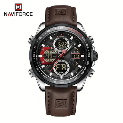 NAVIFORCE Men'S Wrist Watch, Dual Display, Night Light, Calfskin Strap, Zinc Alloy Case, Quartz Movement, Non-rechargeable Button Battery