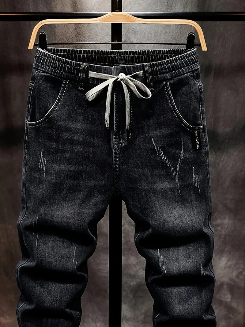 lastic Waist Drawstring Slim Fit Black Denim Jeans - Blend, Breathable, Machine Washable, Casual Style for Men & Women, Allseason Jeans | Modern Casual Jeans |