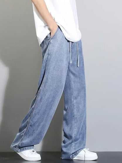 Men's Lyocell Denim Jeans, Lightweight and Breathable for Spring and Summer, Loose and Comfortable, Slightly Elastic, with Drawstring at Waist, Washable, Tall and Slimming