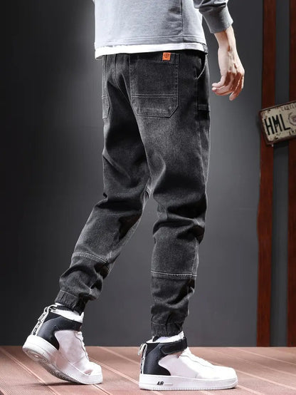 Men's Chic Cargo Jeans, Letter Print Men's Loose Denim Trousers With Multi Pockets, Spring Fall Outdoor