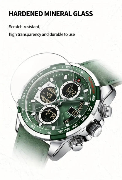 NAVIFORCE Men'S Wrist Watch, Dual Display, Night Light, Calfskin Strap, Zinc Alloy Case, Quartz Movement, Non-rechargeable Button Battery