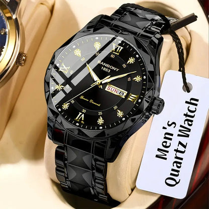 1pc Stainless Steel Strap Men's Roman Numerals Dial Rhinestones Multifunctional Watch