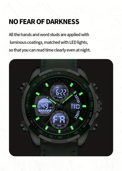 NAVIFORCE Men'S Wrist Watch, Dual Display, Night Light, Calfskin Strap, Zinc Alloy Case, Quartz Movement, Non-rechargeable Button Battery