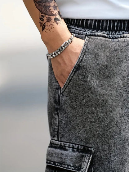 Men's Casual Denim Jeans with Adjustable Elastic Waist, Flap Pockets & Washed Finish