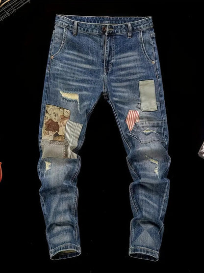 Random Position Bear Embroidery Patchwork Denim Jeans