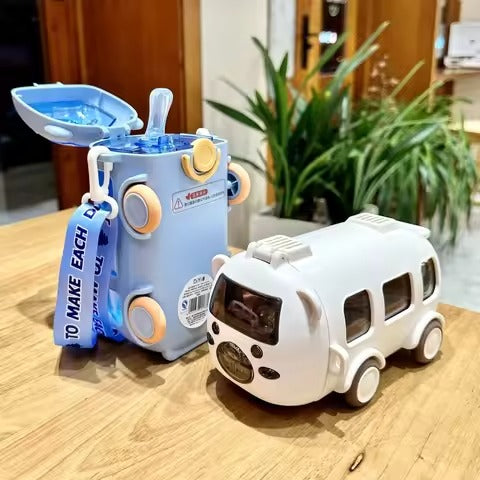 Portable Water Bottle with Straw 500ml 2 in 1 Shoulder Strap Kid Car Toy Straw Water Cup Car Bear Cute Bottle Birthday Gift