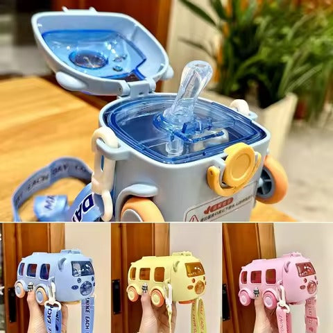 Portable Water Bottle with Straw 500ml 2 in 1 Shoulder Strap Kid Car Toy Straw Water Cup Car Bear Cute Bottle Birthday Gift