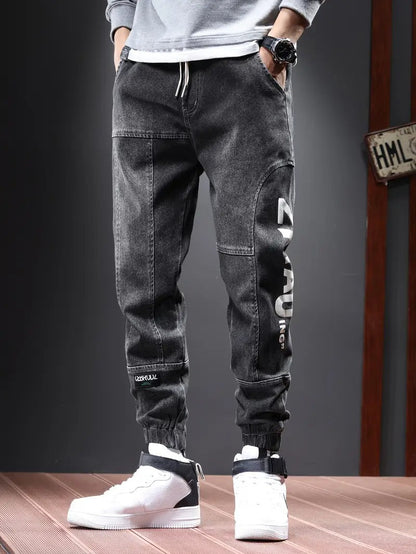 Men's Chic Cargo Jeans, Letter Print Men's Loose Denim Trousers With Multi Pockets, Spring Fall Outdoor