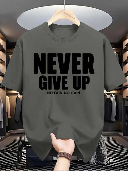 Men's Motivational "NEVER GIVE UP" Graphic Print Short Sleeve T-Shirt - Dark Green, Regular Fit, Round Neck, Summer Casual
