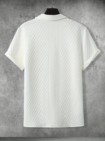 Men's Breathable Casual Turnover Short Sleeve T-shirt, Simple Carved Pattern, Lightweight and Stylish