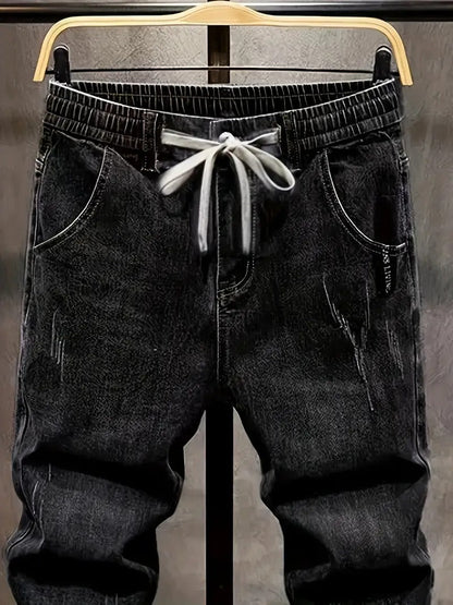 lastic Waist Drawstring Slim Fit Black Denim Jeans - Blend, Breathable, Machine Washable, Casual Style for Men & Women, Allseason Jeans | Modern Casual Jeans |