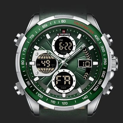 NAVIFORCE Men'S Wrist Watch, Dual Display, Night Light, Calfskin Strap, Zinc Alloy Case, Quartz Movement, Non-rechargeable Button Battery