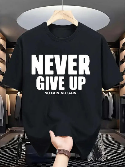 Men's Motivational "NEVER GIVE UP" Graphic Print Short Sleeve T-Shirt - Dark Green, Regular Fit, Round Neck, Summer Casual