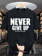 Men's Motivational "NEVER GIVE UP" Graphic Print Short Sleeve T-Shirt - Dark Green, Regular Fit, Round Neck, Summer Casual
