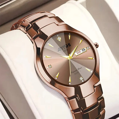 AIYISHI Elegant Men's Quartz Watch - Rose Golden Case, & Luminous with Dual Calendar, Date & Sun/Mon Display, Alloy Band - Ideal Gift