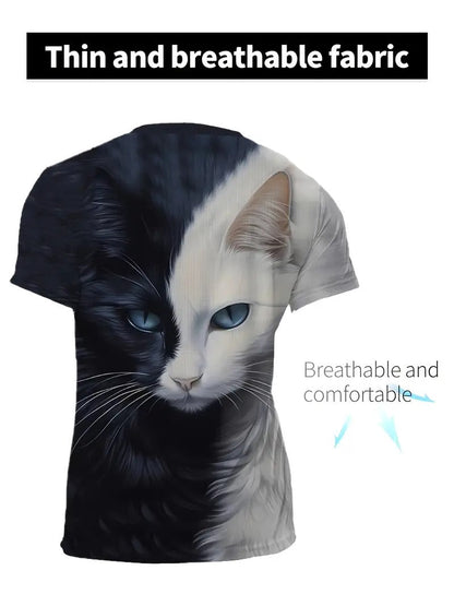 Men'S 3D Cat Print T-Shirt, Casual Crew Neck, Polyester 90% Spandex 10% Knit Fabric, Slight Stretch